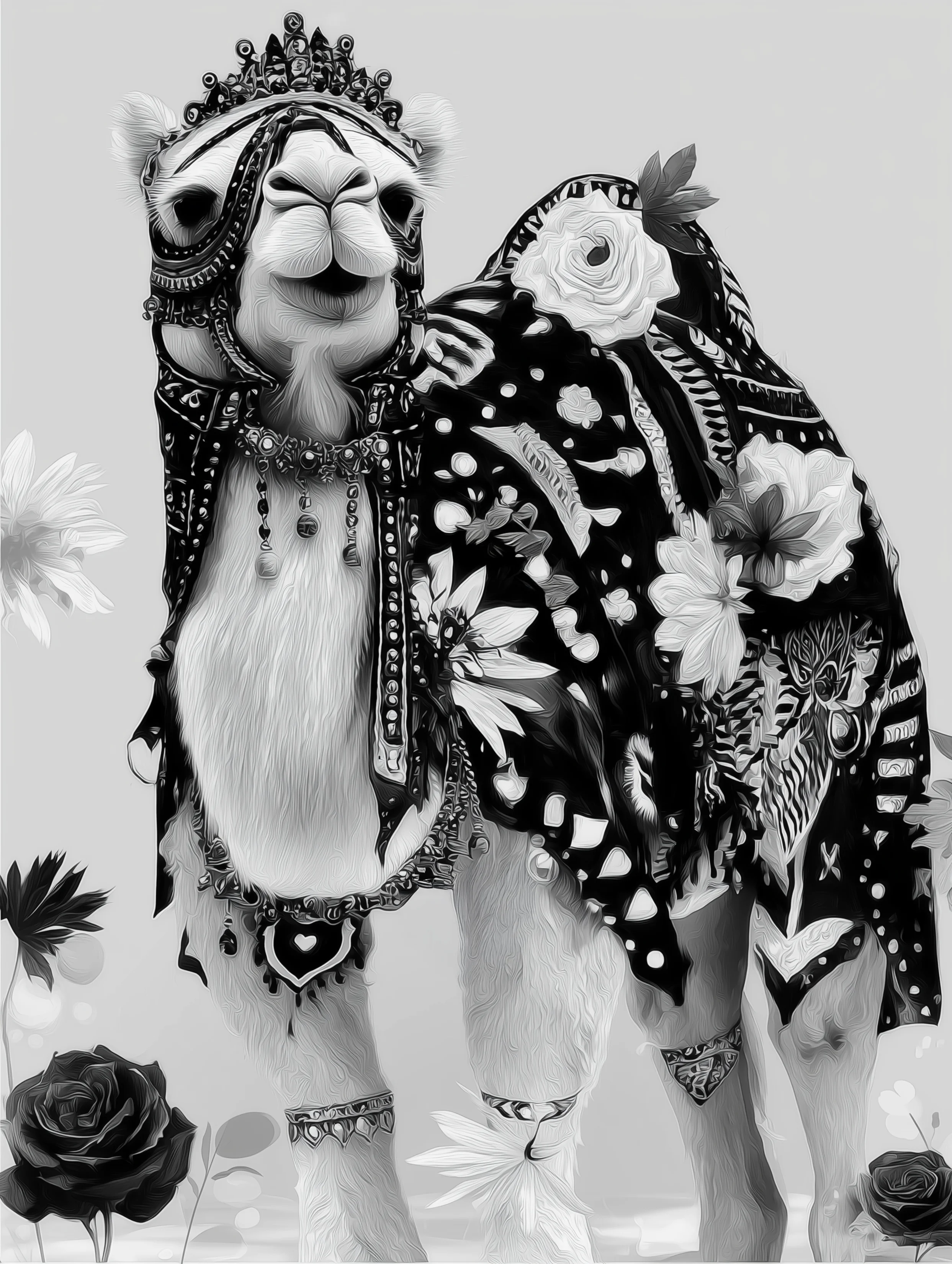 Free printable camel coloring page for adults featuring facing viewer camel